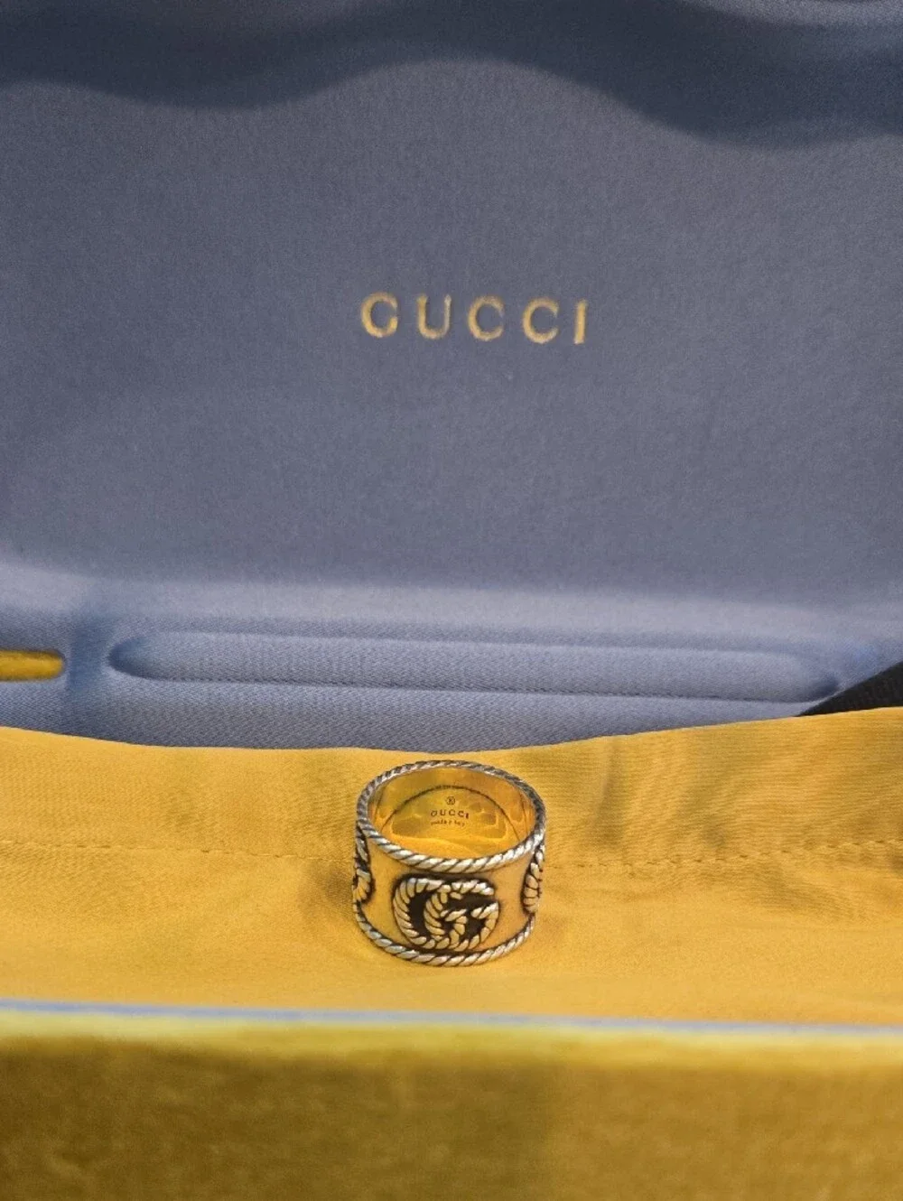 Gucci Sterling Silver Rope-Trim Logo Wide Band Cigar Style Ring   Authentic